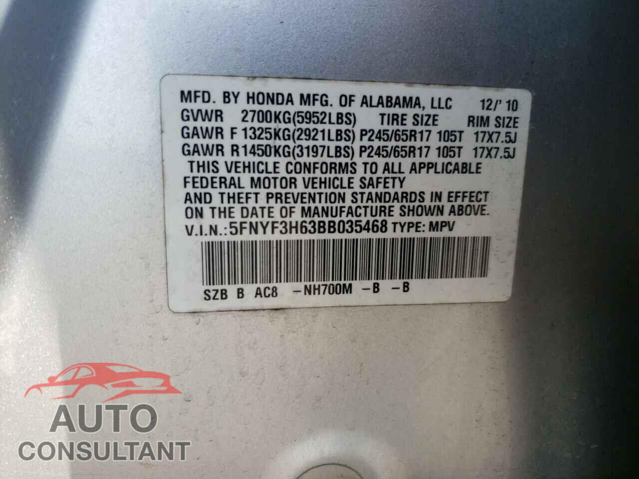 HONDA PILOT 2011 - 5FNYF3H63BB035468