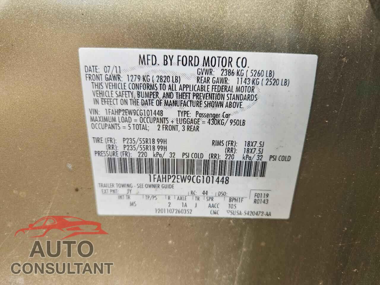 FORD TAURUS 2012 - 1FAHP2EW9CG101448