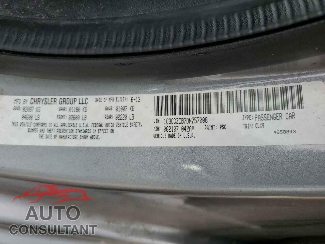 DODGE AVENGER 2013 - 1C3CDZCB7DN757008