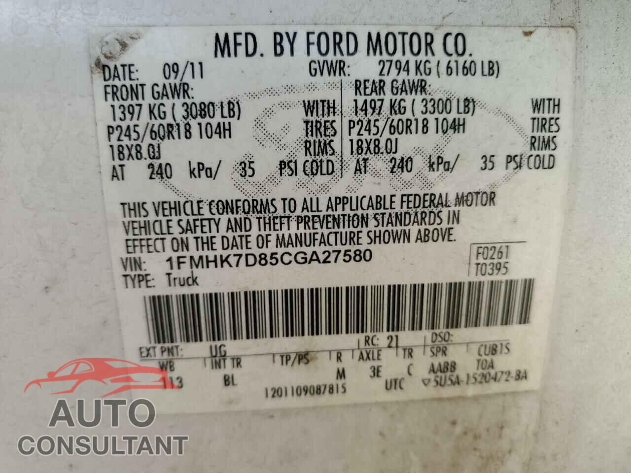 FORD EXPLORER 2012 - 1FMHK7D85CGA27580