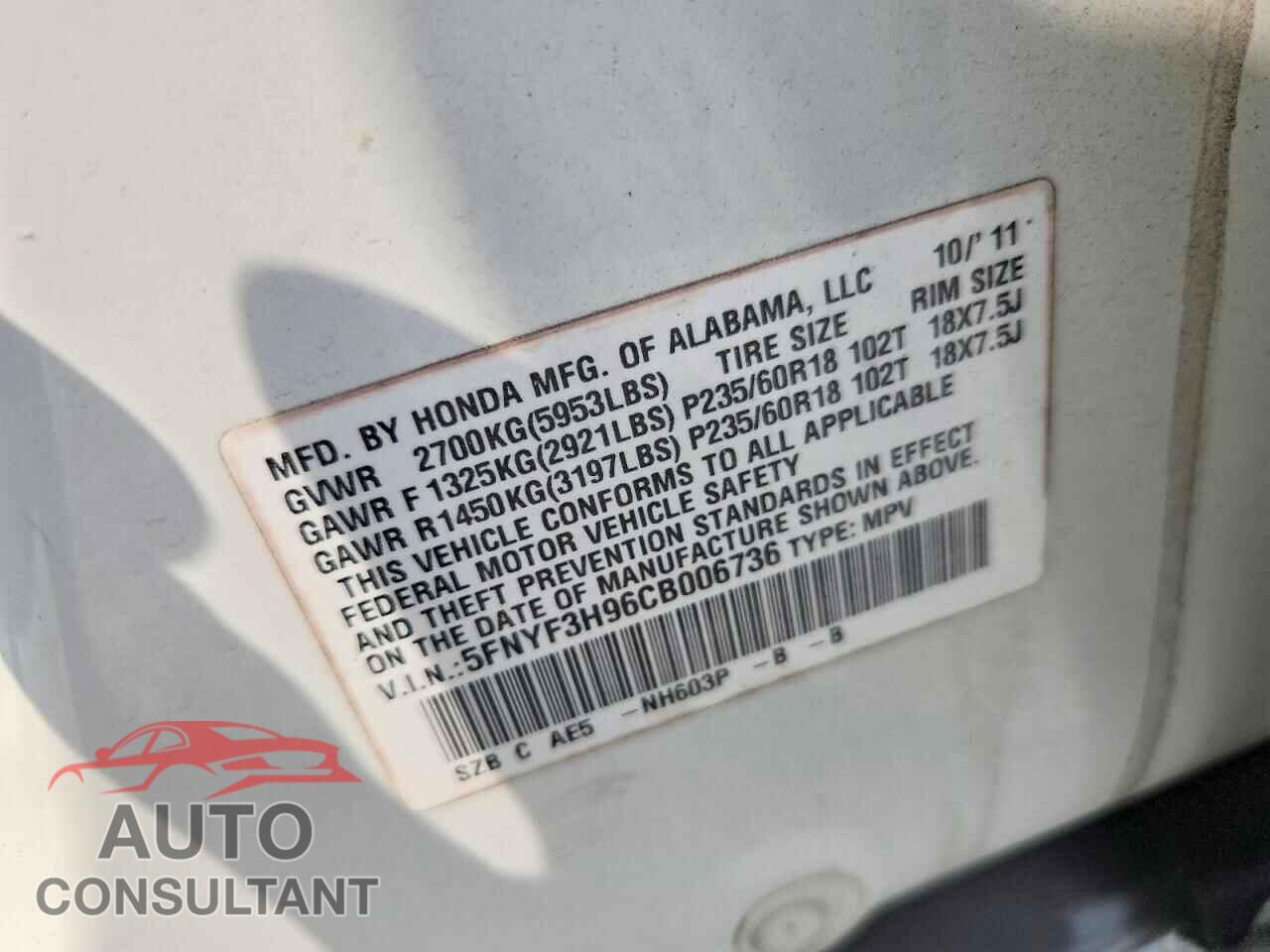 HONDA PILOT 2012 - 5FNYF3H96CB006736