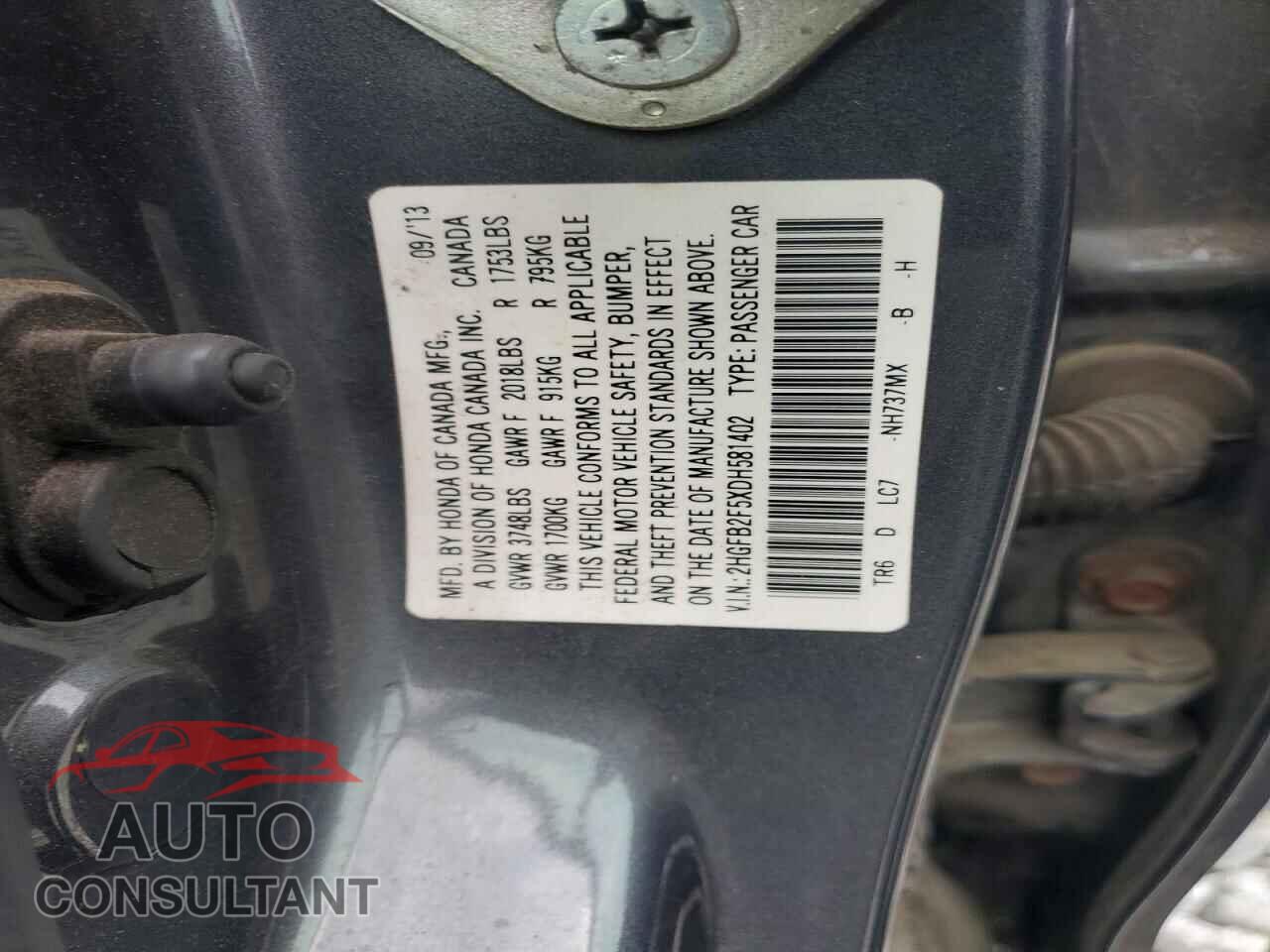 HONDA CIVIC 2013 - 2HGFB2F5XDH581402