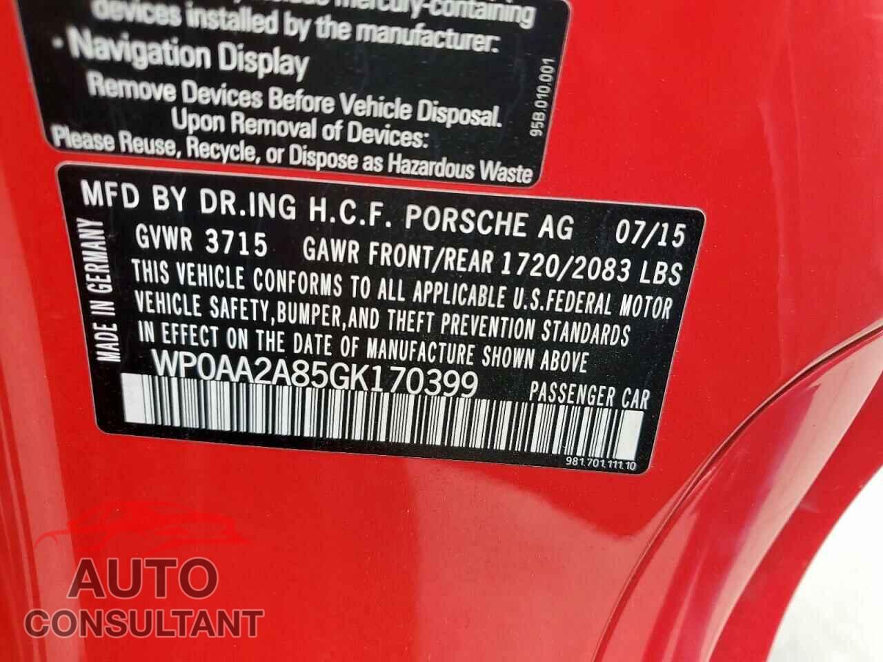 PORSCHE CAYMAN 2016 - WP0AA2A85GK170399