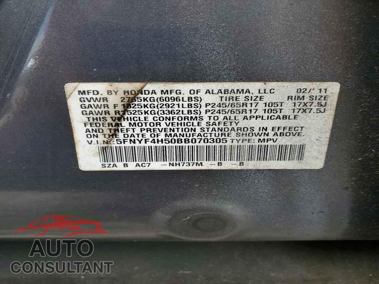 HONDA PILOT 2011 - 5FNYF4H50BB070305
