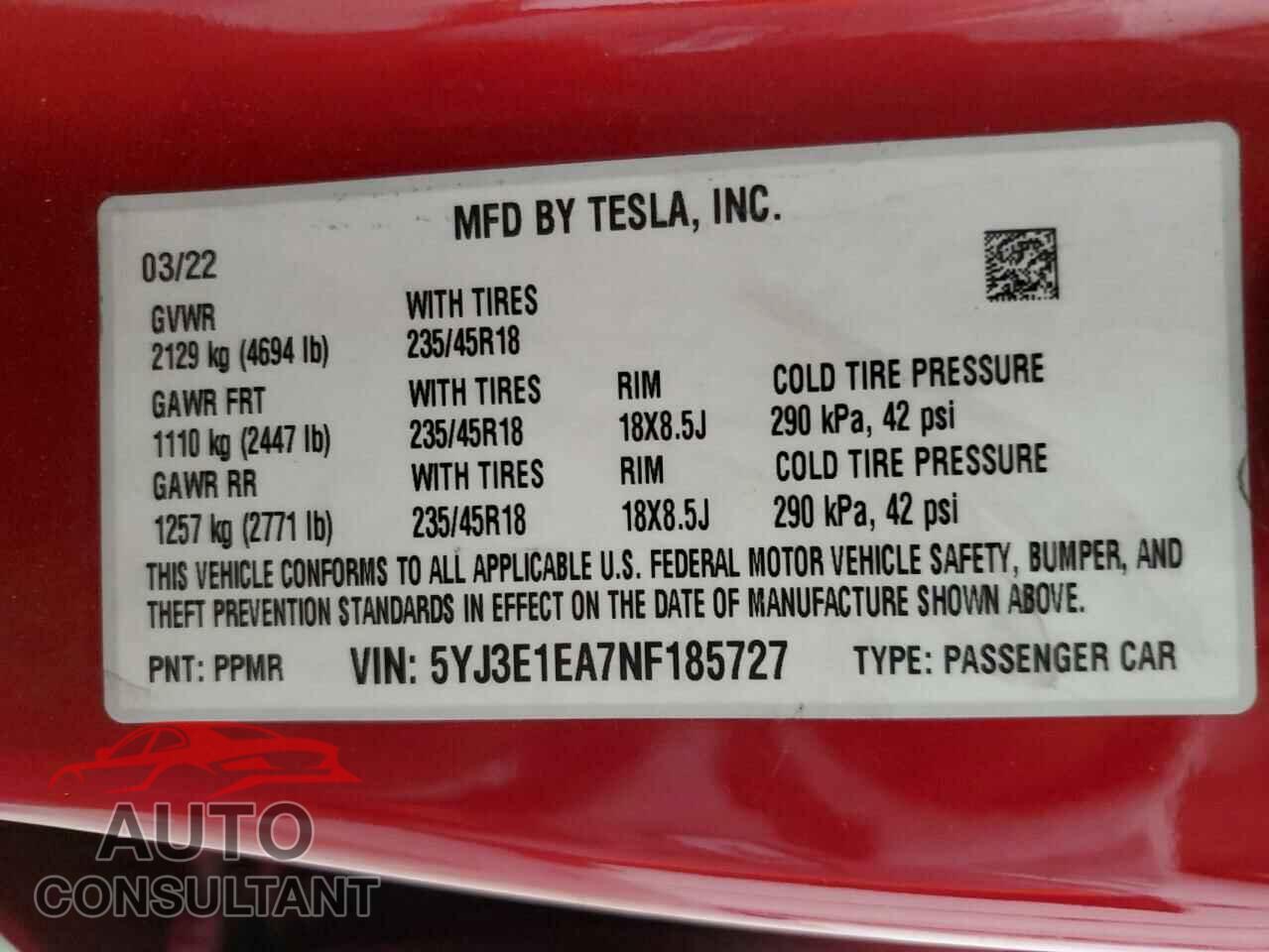 TESLA MODEL 3 2022 - 5YJ3E1EA7NF185727