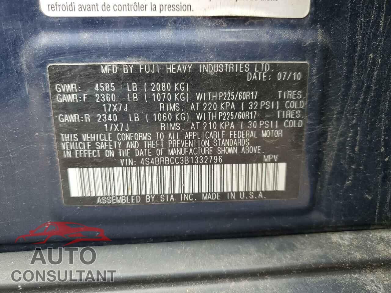 SUBARU OUTBACK 2011 - 4S4BRBCC3B1332796