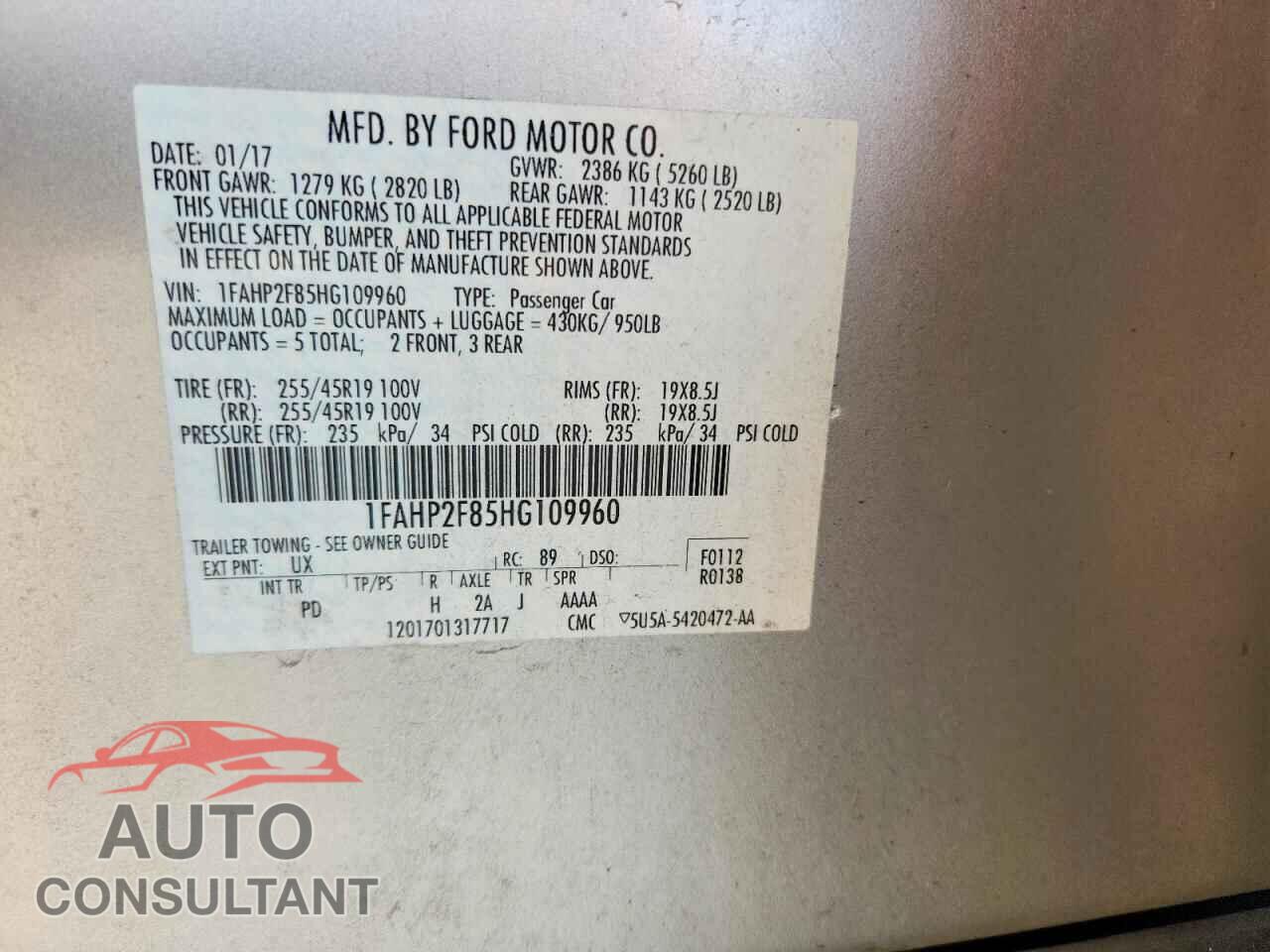 FORD TAURUS 2017 - 1FAHP2F85HG109960