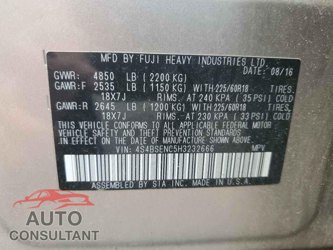 SUBARU OUTBACK 2017 - 4S4BSENC5H3232666