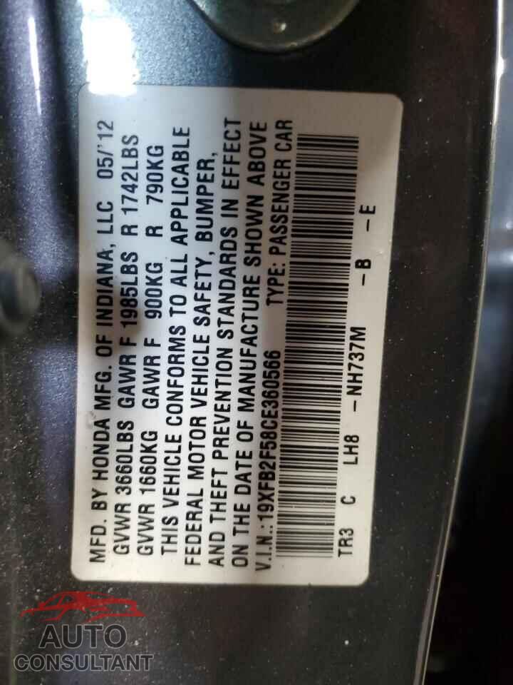 HONDA CIVIC 2012 - 19XFB2F58CE360566
