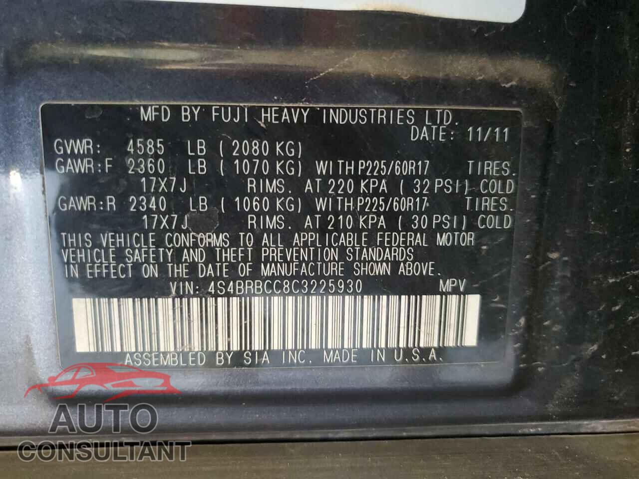 SUBARU OUTBACK 2012 - 4S4BRBCC8C3225930