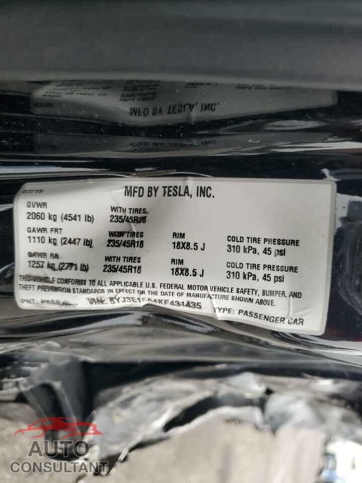 TESLA MODEL 3 2019 - 5YJ3E1EA4KF431435