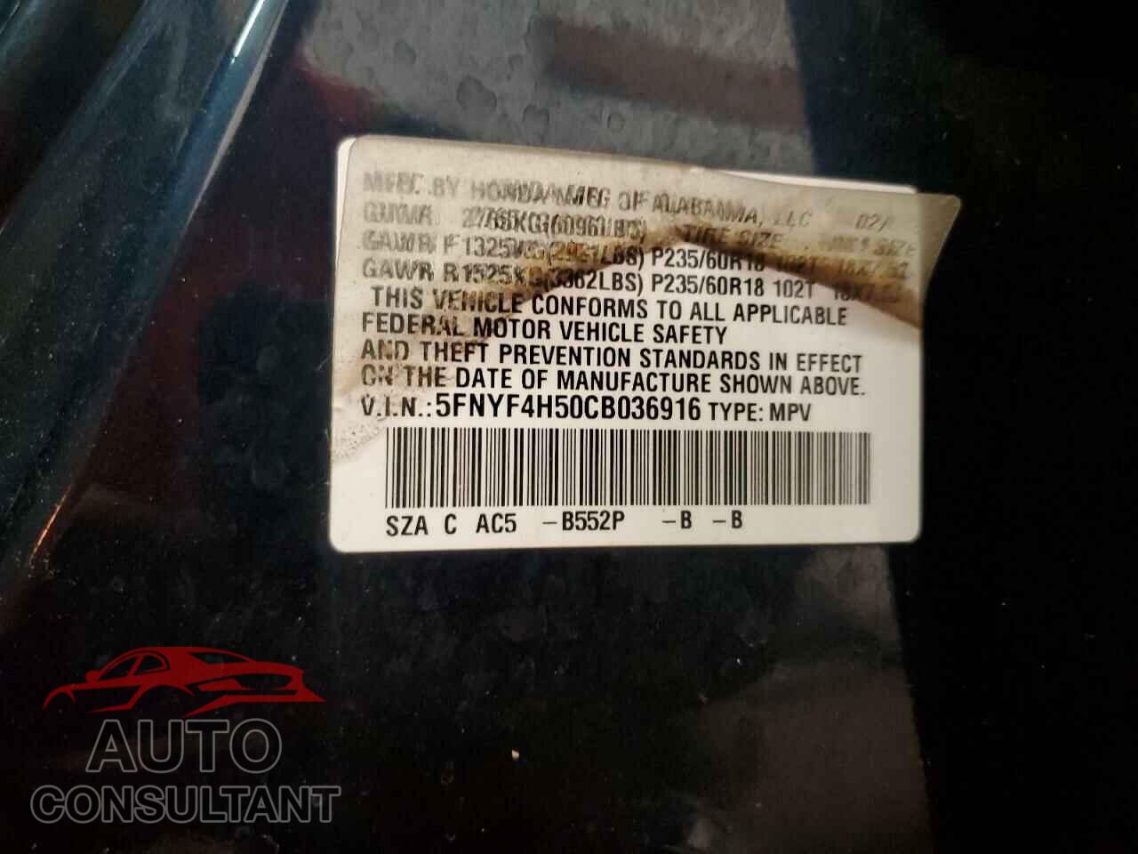 HONDA PILOT 2012 - 5FNYF4H50CB036916