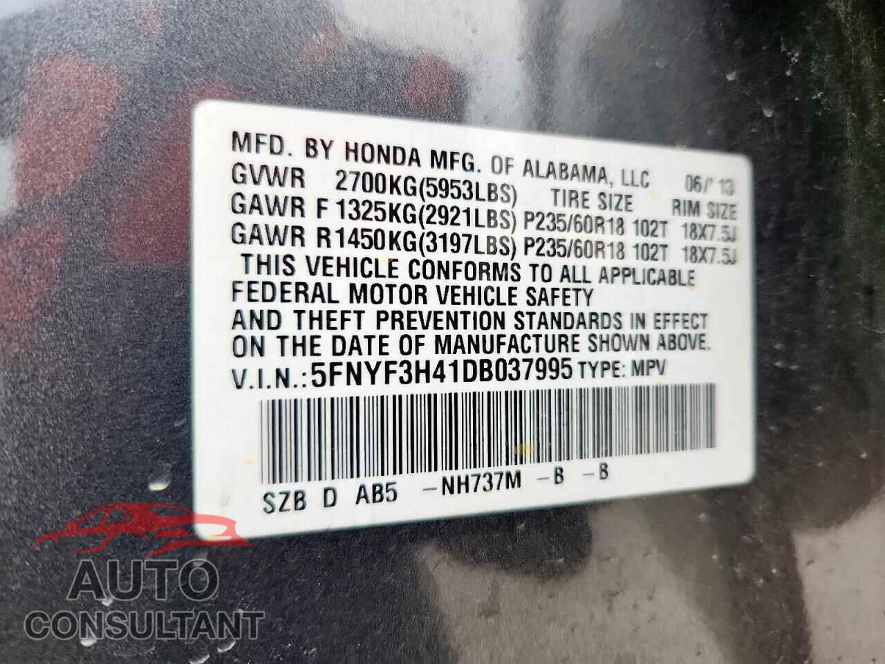 HONDA PILOT 2013 - 5FNYF3H41DB037995
