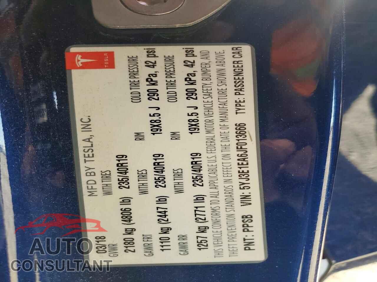 TESLA MODEL 3 2018 - 5YJ3E1EA6JF013666