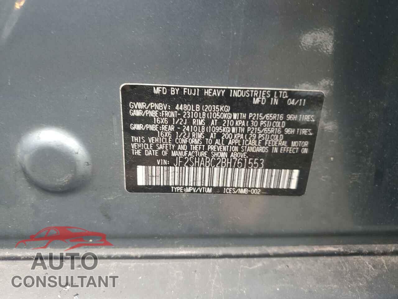 SUBARU FORESTER 2011 - JF2SHABC2BH761553