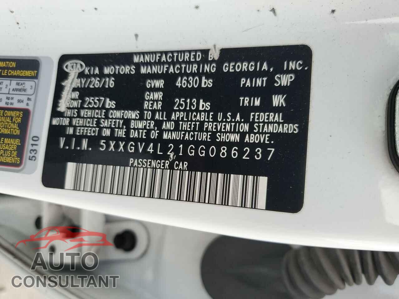 KIA OPTIMA 2016 - 5XXGV4L21GG086237