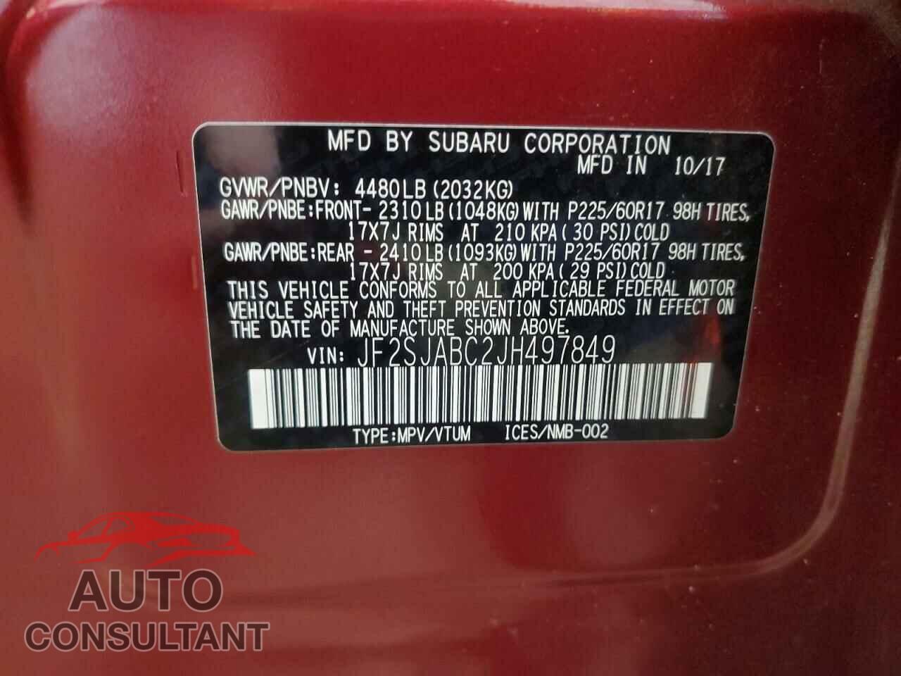 SUBARU FORESTER 2018 - JF2SJABC2JH497849