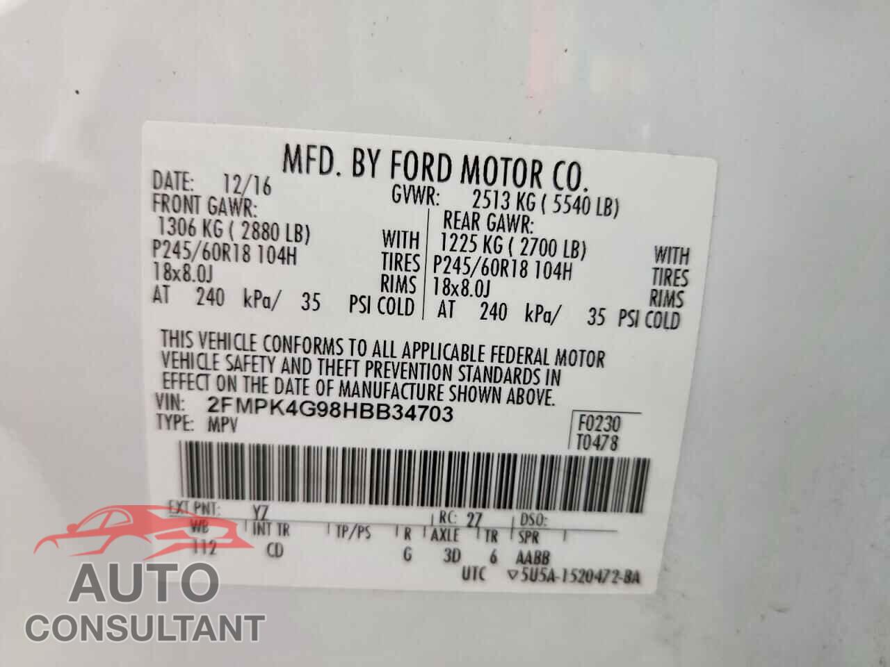 FORD EDGE 2017 - 2FMPK4G98HBB34703