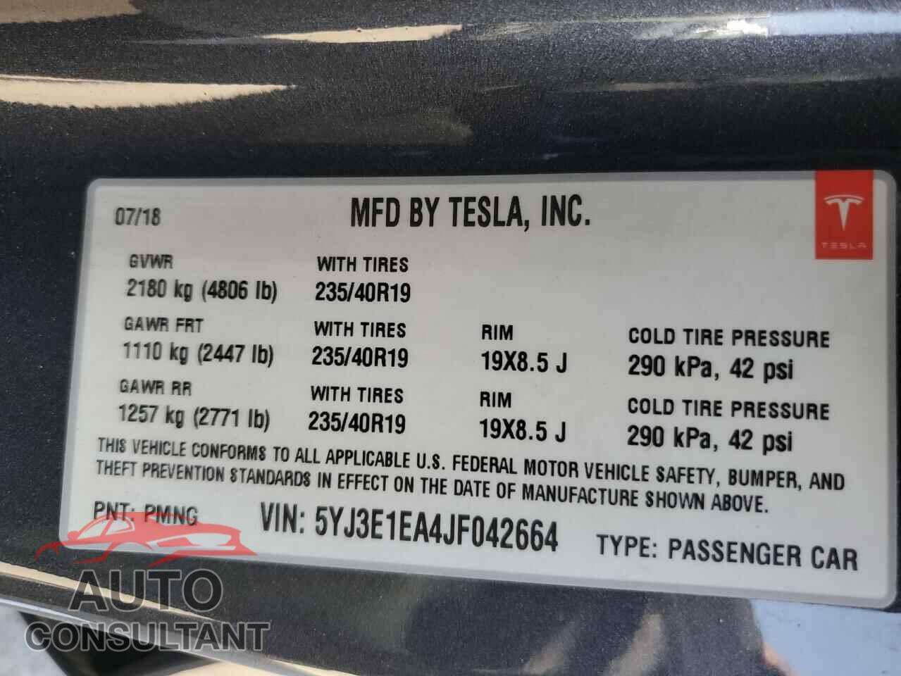 TESLA MODEL 3 2018 - 5YJ3E1EA4JF042664