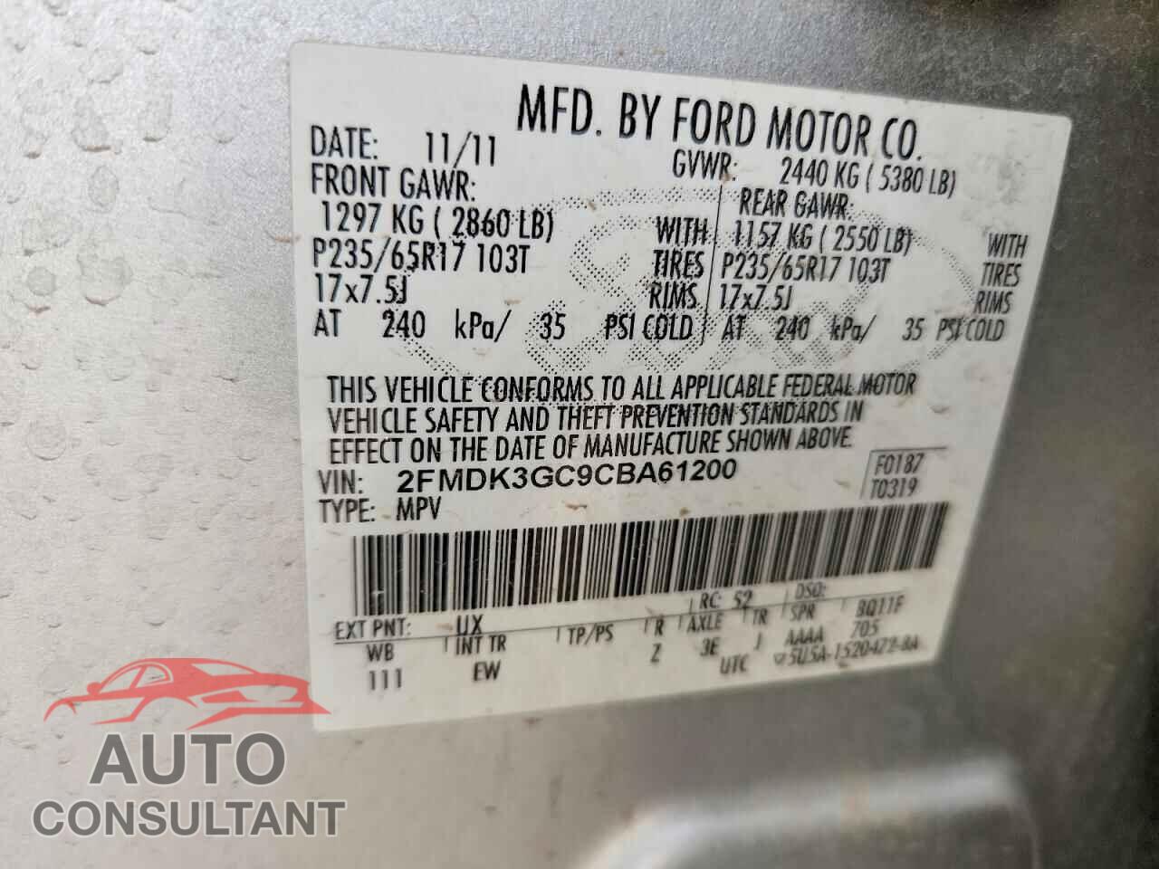 FORD EDGE 2012 - 2FMDK3GC9CBA61200