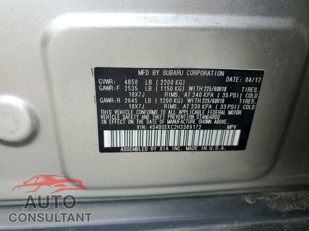 SUBARU OUTBACK 2017 - 4S4BSEKC2H3389172
