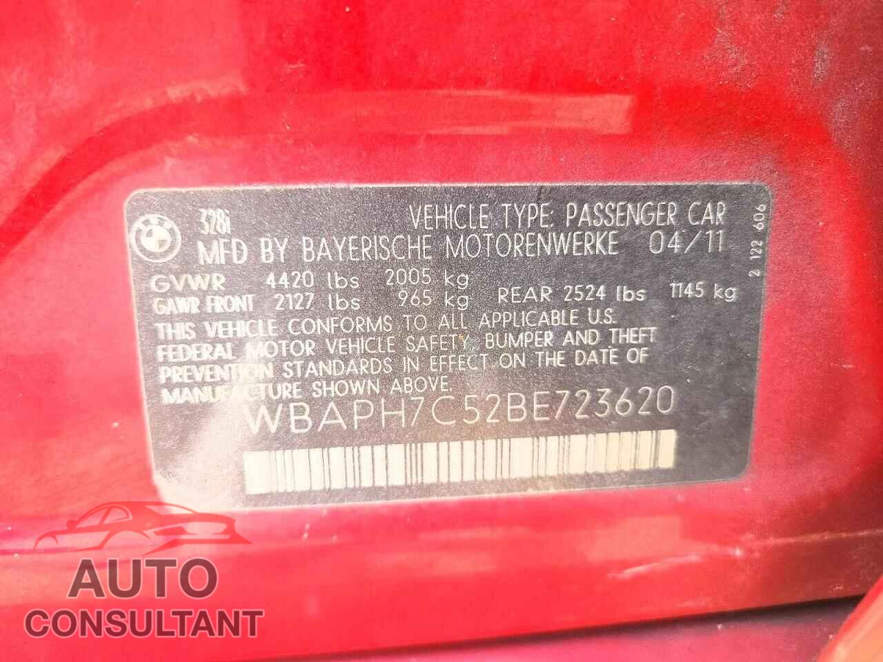 BMW 3 SERIES 2011 - WBAPH7C52BE723620
