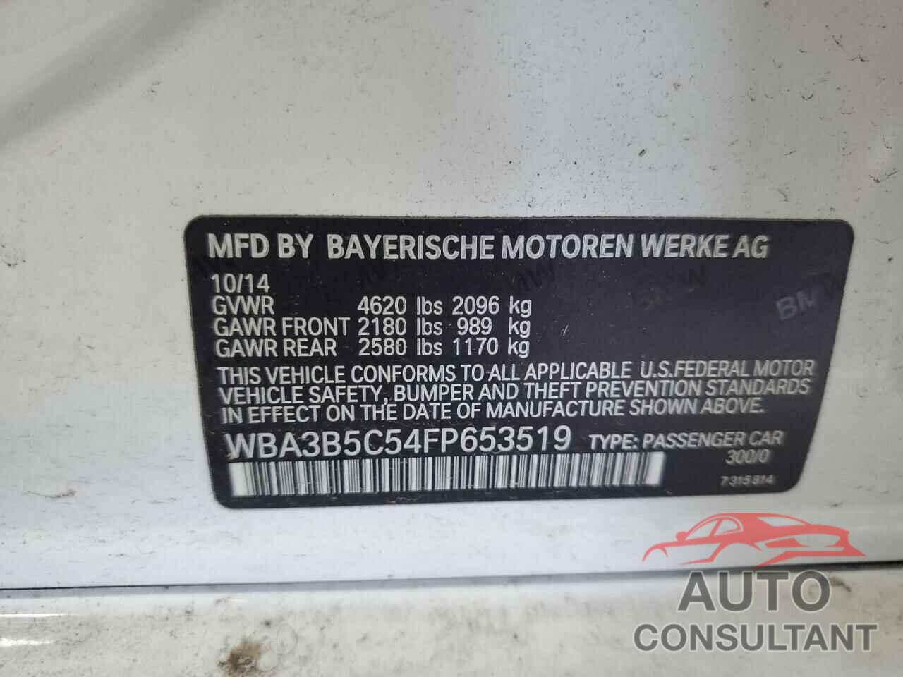 BMW 3 SERIES 2015 - WBA3B5C54FP653519