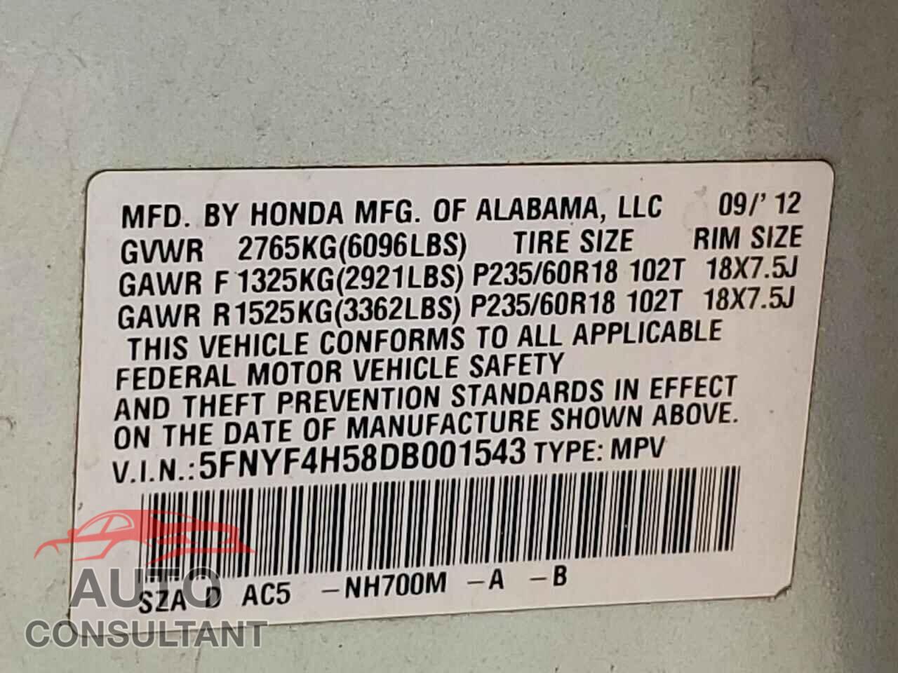 HONDA PILOT 2013 - 5FNYF4H58DB001543