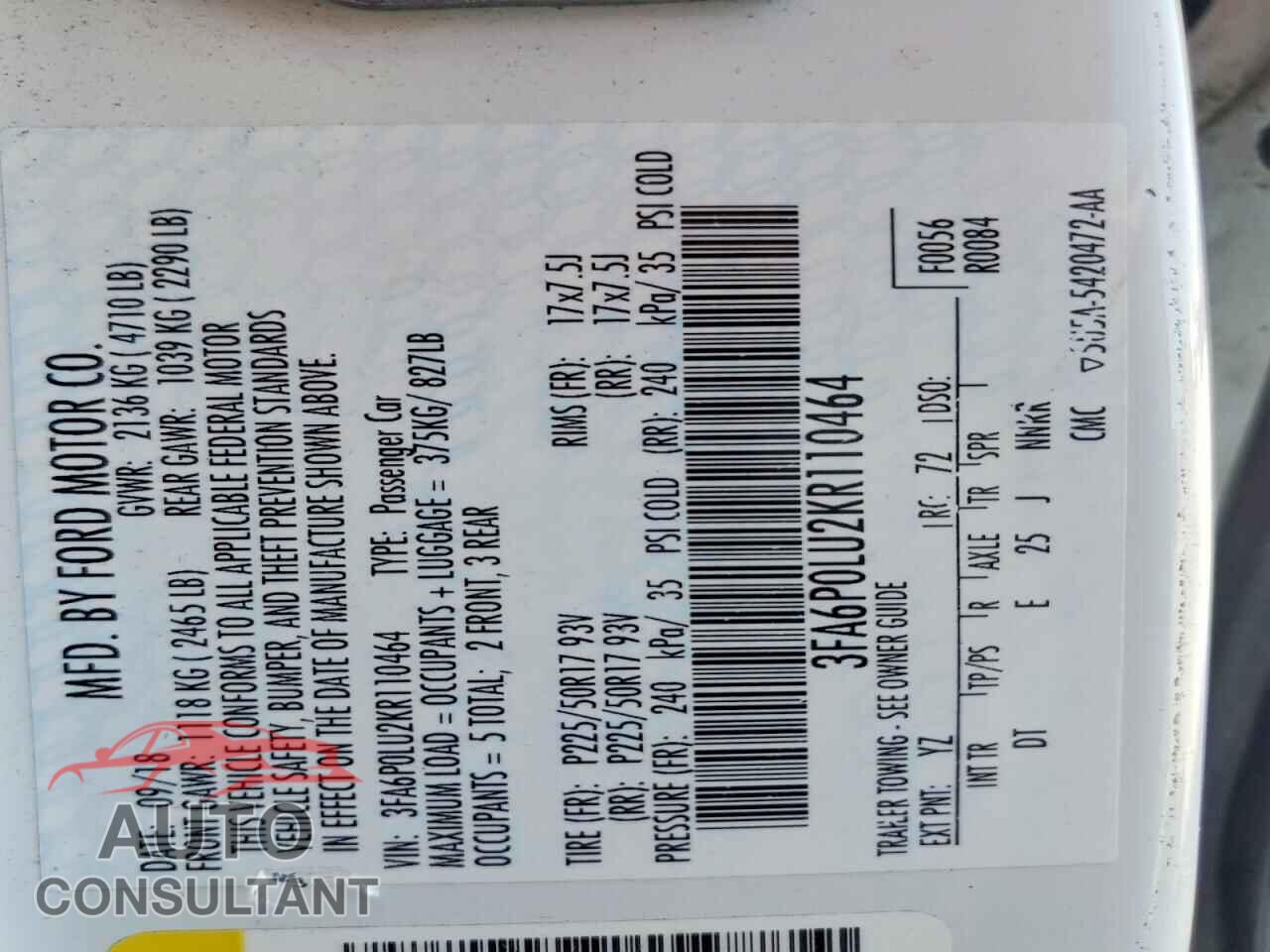 FORD FUSION 2019 - 3FA6P0LU2KR110464
