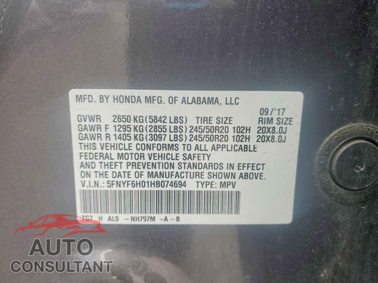 HONDA PILOT 2017 - 5FNYF6H01HB074694