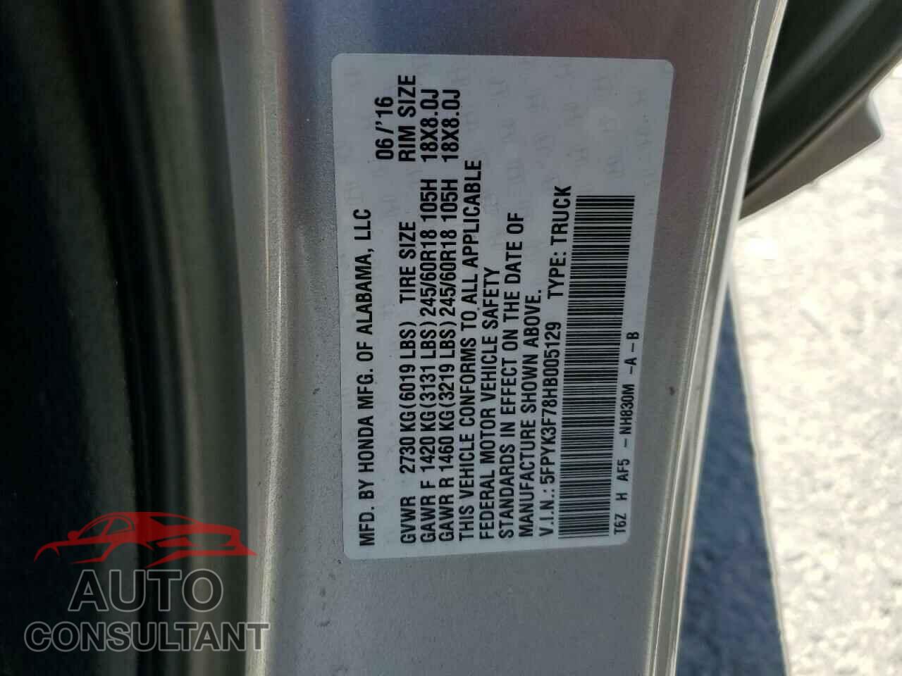 HONDA RIDGELINE 2017 - 5FPYK3F78HB005129