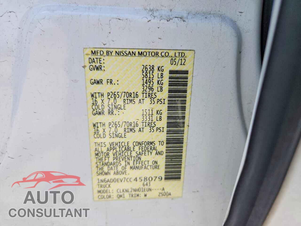 NISSAN FRONTIER 2012 - 1N6AD0EV7CC458079