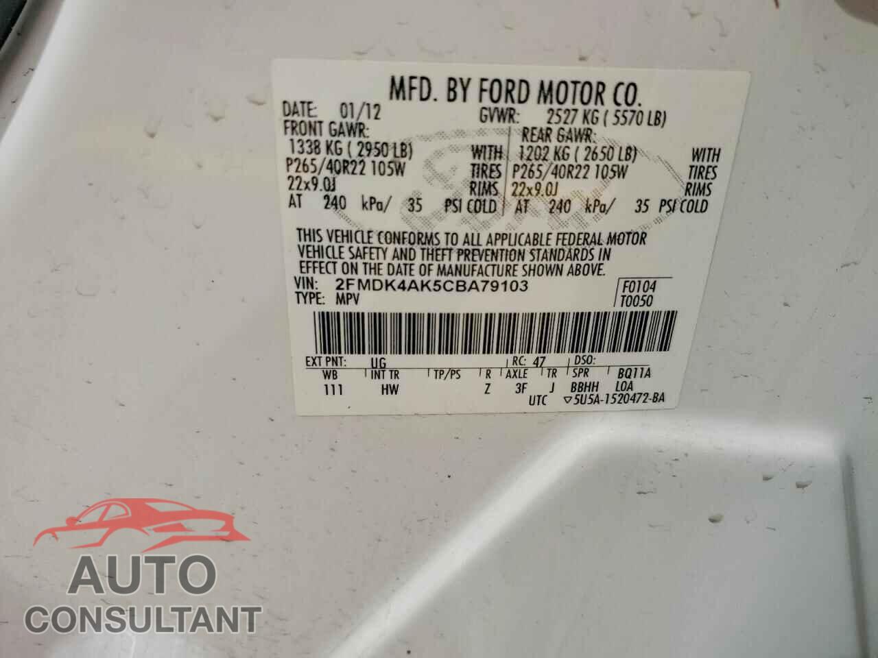 FORD EDGE 2012 - 2FMDK4AK5CBA79103