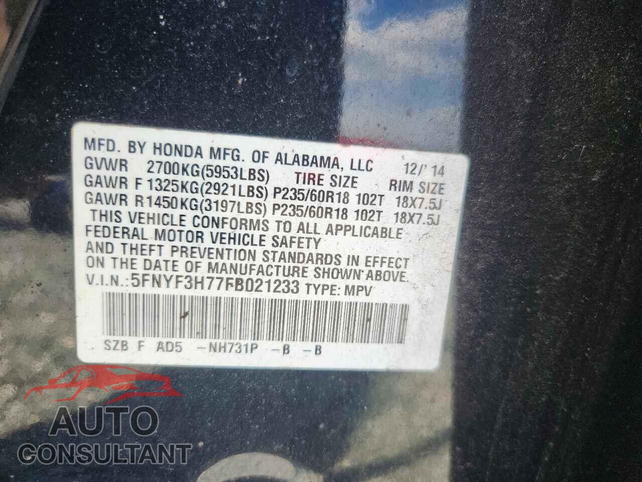 HONDA PILOT 2015 - 5FNYF3H77FB021233