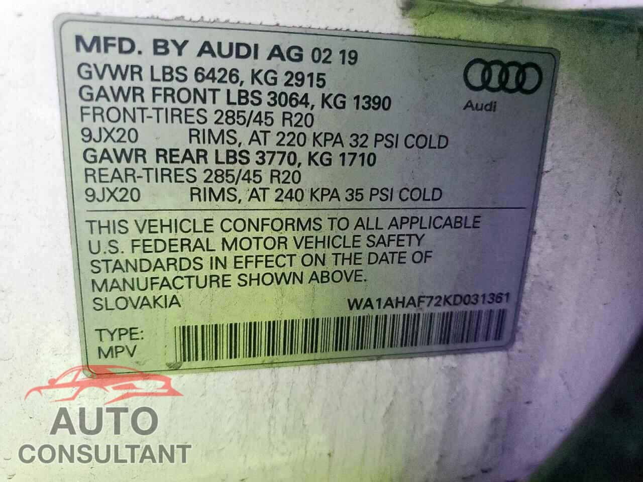 AUDI Q7 2019 - WA1AHAF72KD031361