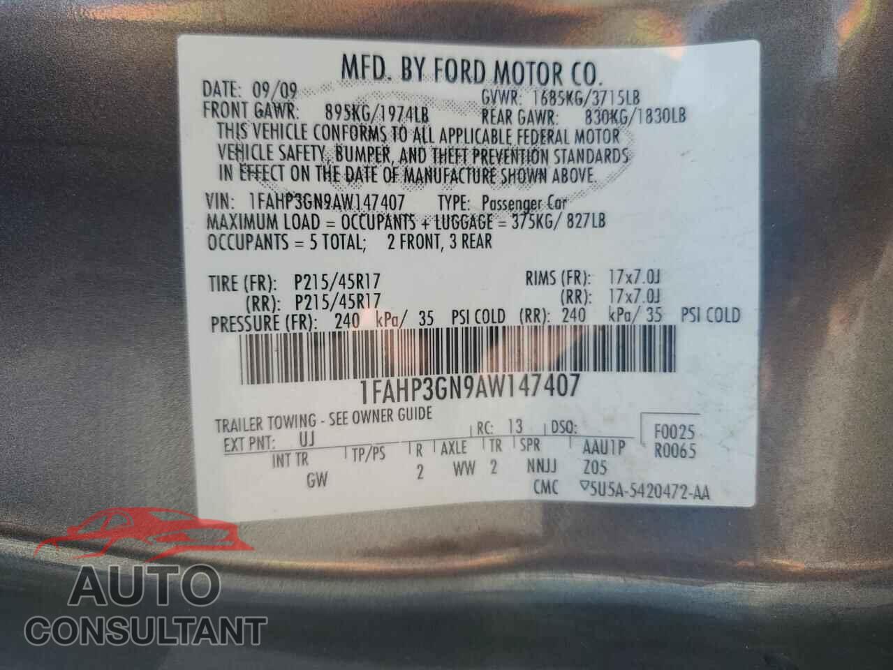 FORD FOCUS 2010 - 1FAHP3GN9AW147407