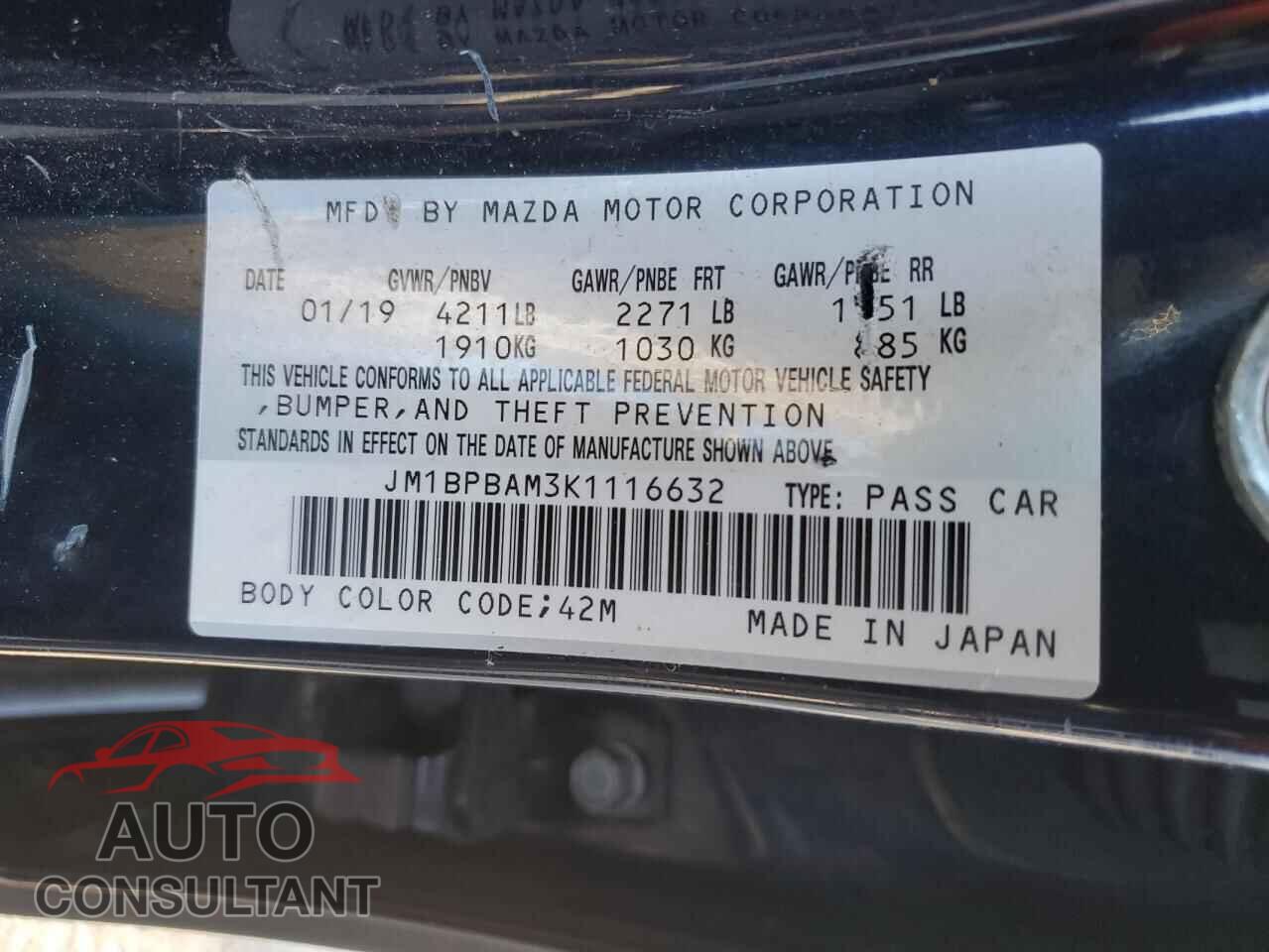 MAZDA 3 2019 - JM1BPBAM3K1116632
