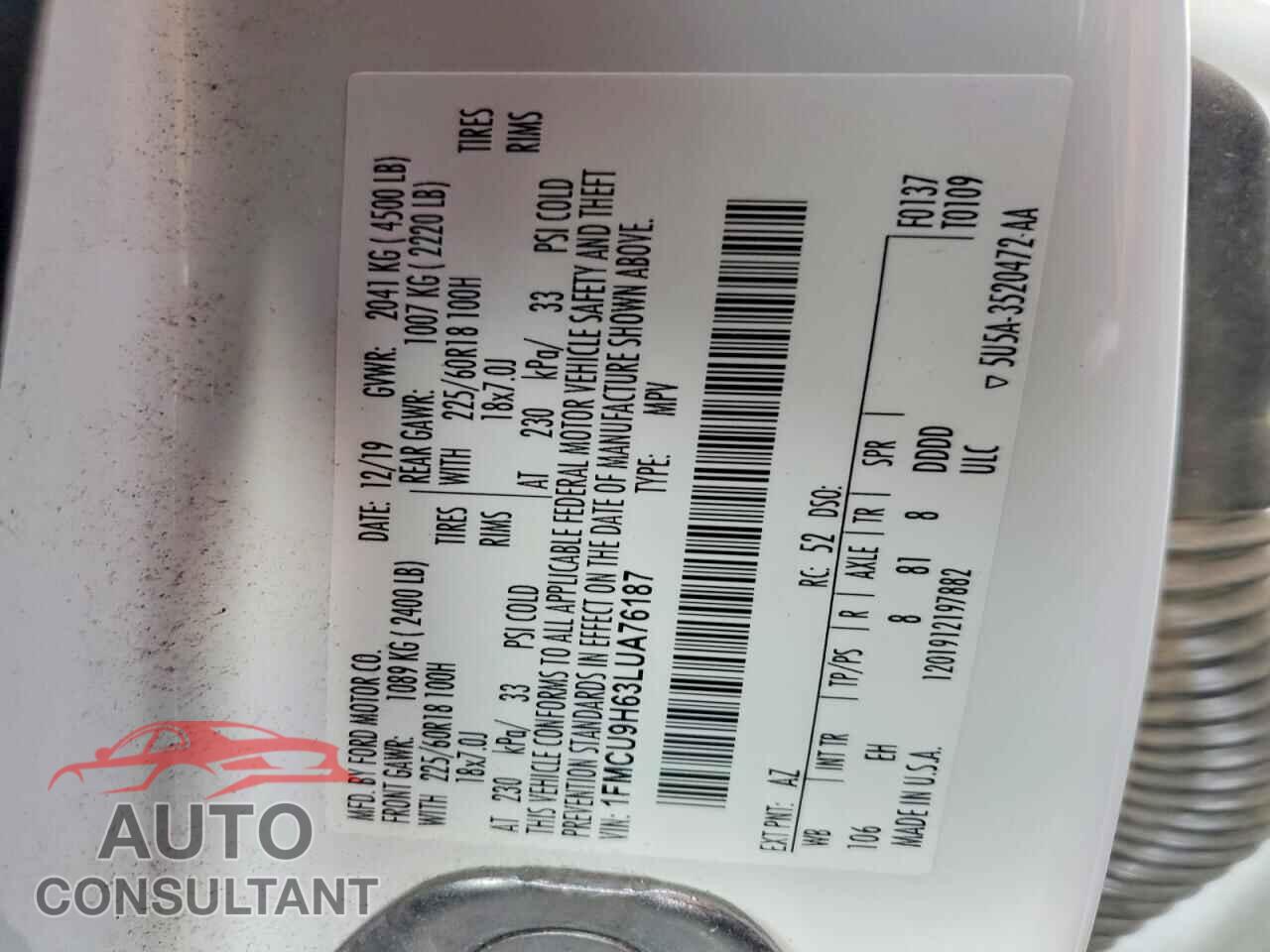 FORD ESCAPE 2020 - 1FMCU9H63LUA76187