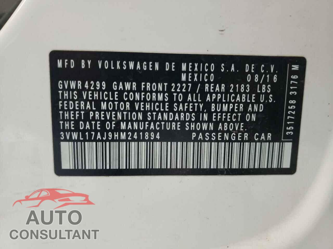 VOLKSWAGEN JETTA 2017 - 3VWL17AJ9HM241894