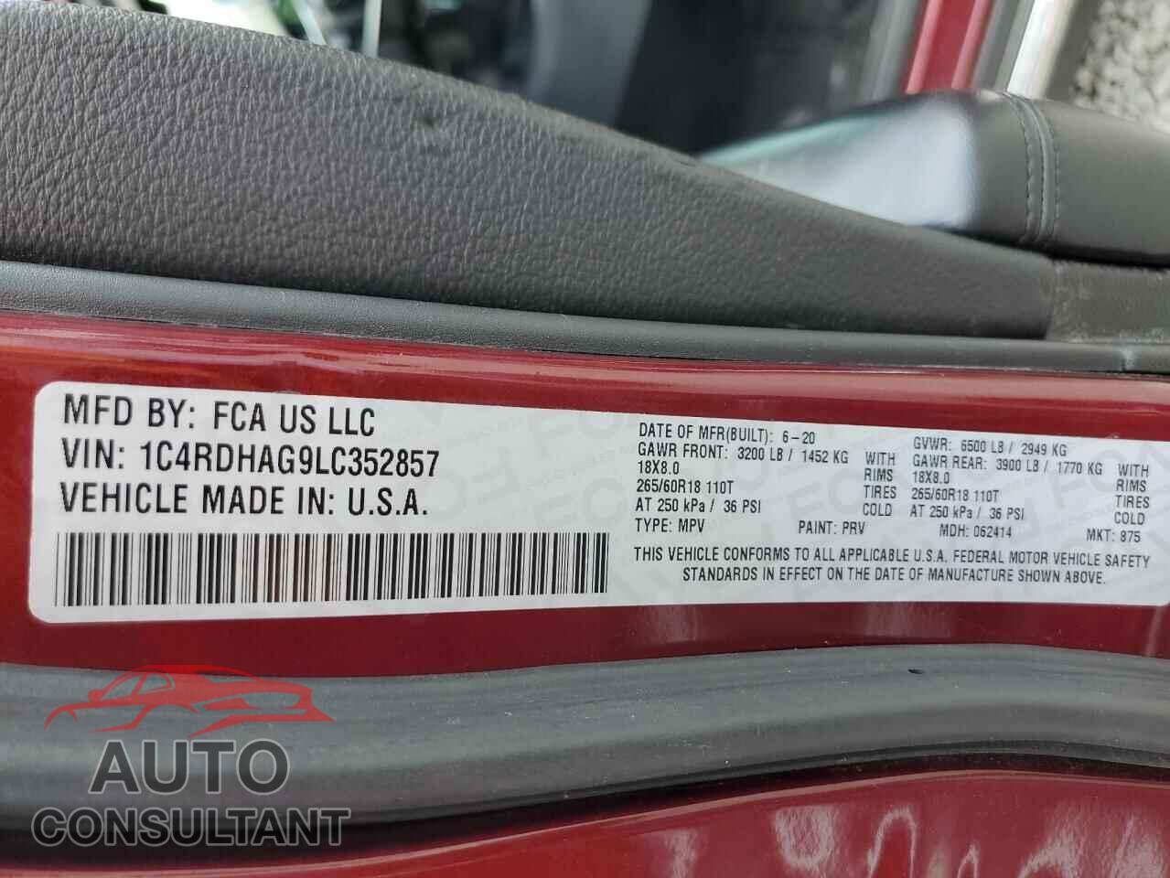 DODGE DURANGO 2020 - 1C4RDHAG9LC352857