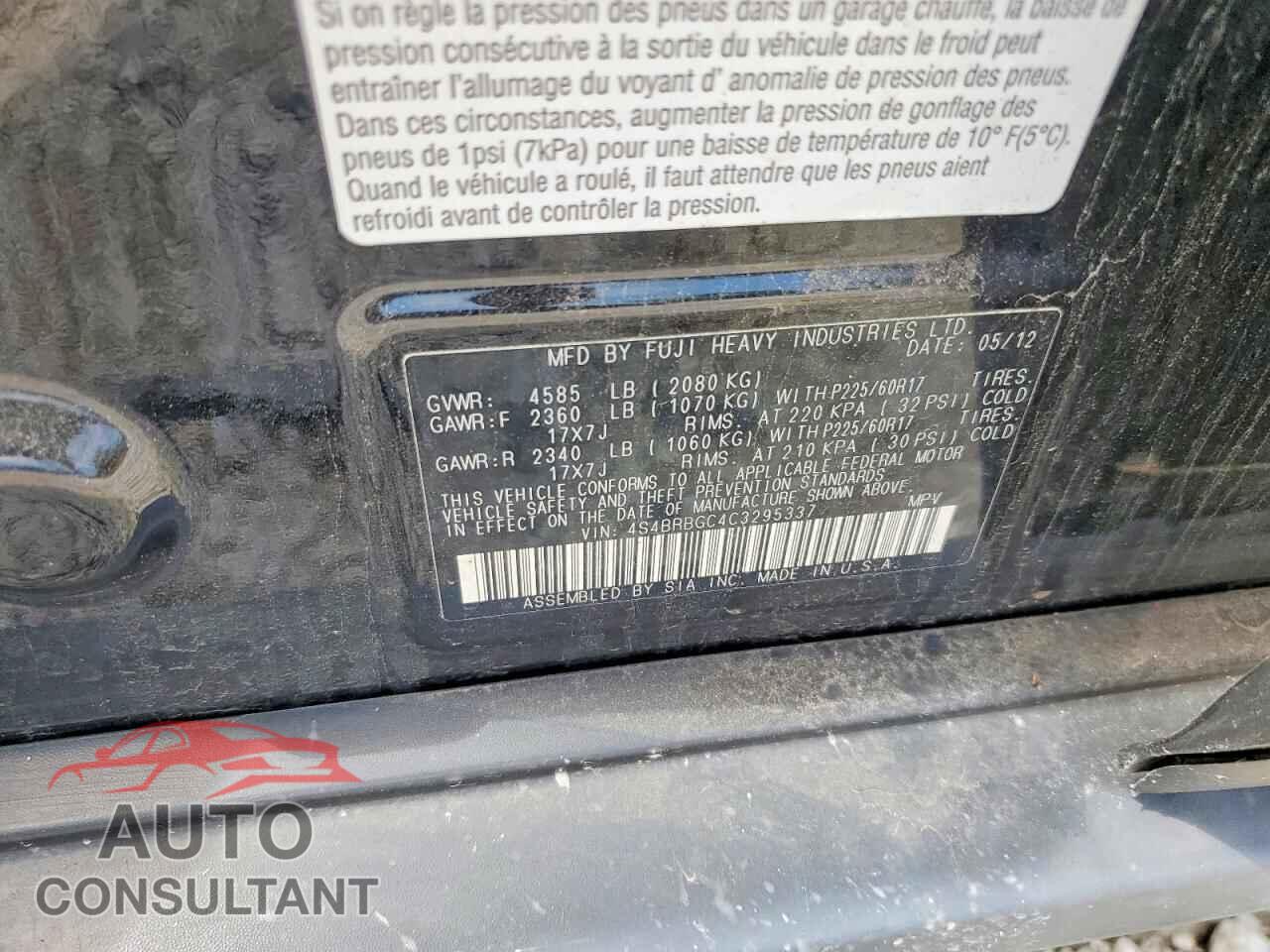 SUBARU OUTBACK 2012 - 4S4BRBGC4C3295337
