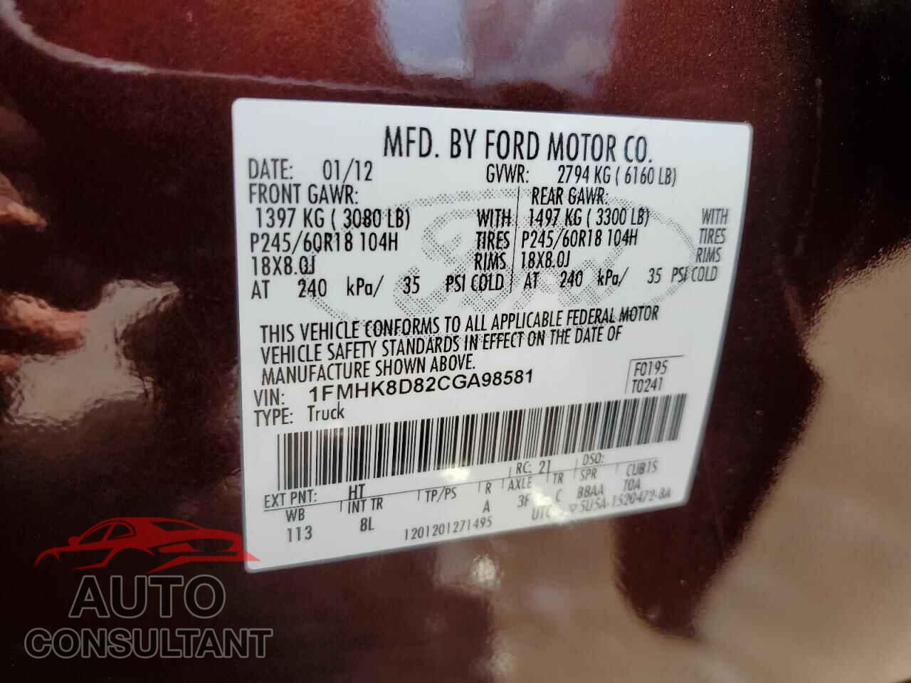 FORD EXPLORER 2012 - 1FMHK8D82CGA98581