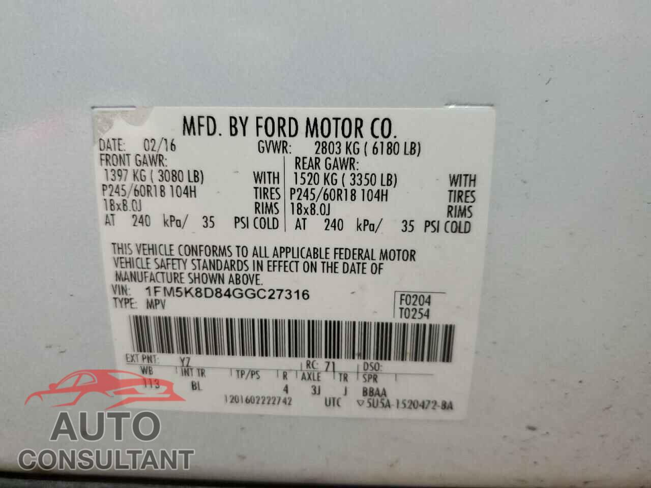 FORD EXPLORER 2016 - 1FM5K8D84GGC27316