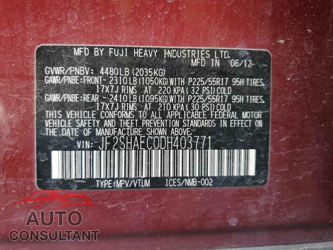 SUBARU FORESTER 2013 - JF2SHAEC0DH403771