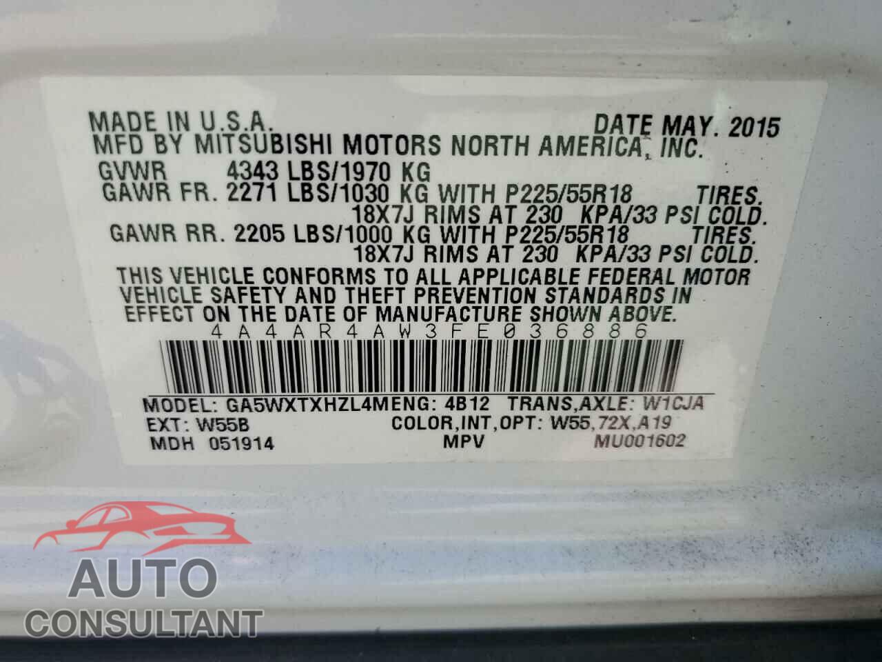 MITSUBISHI OUTLANDER 2015 - 4A4AR4AW3FE036886