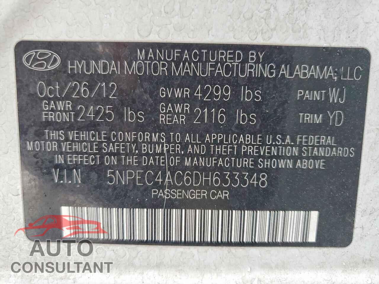 HYUNDAI SONATA 2013 - 5NPEC4AC6DH633348
