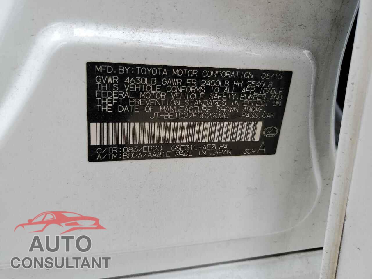 LEXUS IS 2015 - JTHBE1D27F5022020