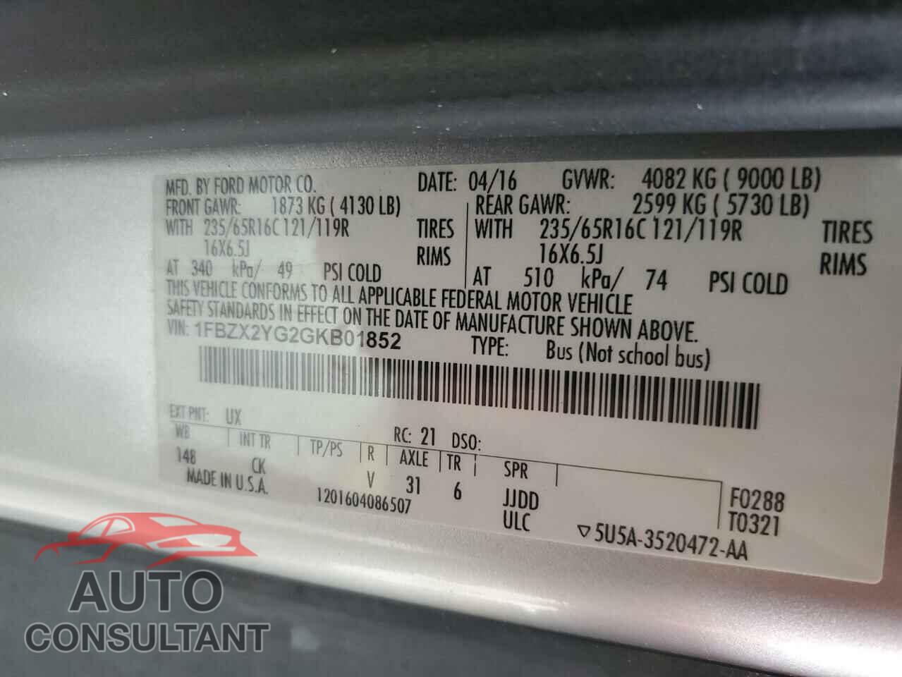 FORD TRANSIT 2016 - 1FBZX2YG2GKB01852