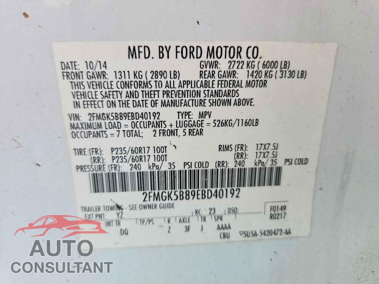 FORD FLEX 2014 - 2FMGK5B89EBD40192