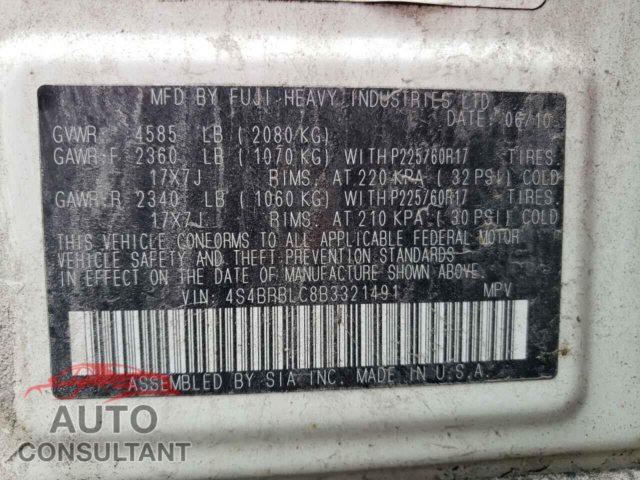 SUBARU OUTBACK 2011 - 4S4BRBLC8B3321491